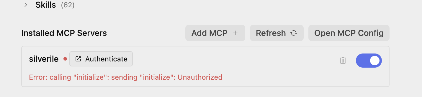Silverile server in Antigravity with the Authenticate button