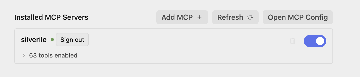 Silverile MCP server connected in Antigravity with a green status indicator and enabled tools