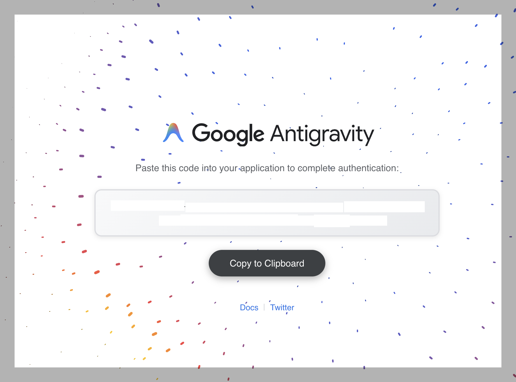 Google Antigravity page presenting an authorization code and Copy to Clipboard button