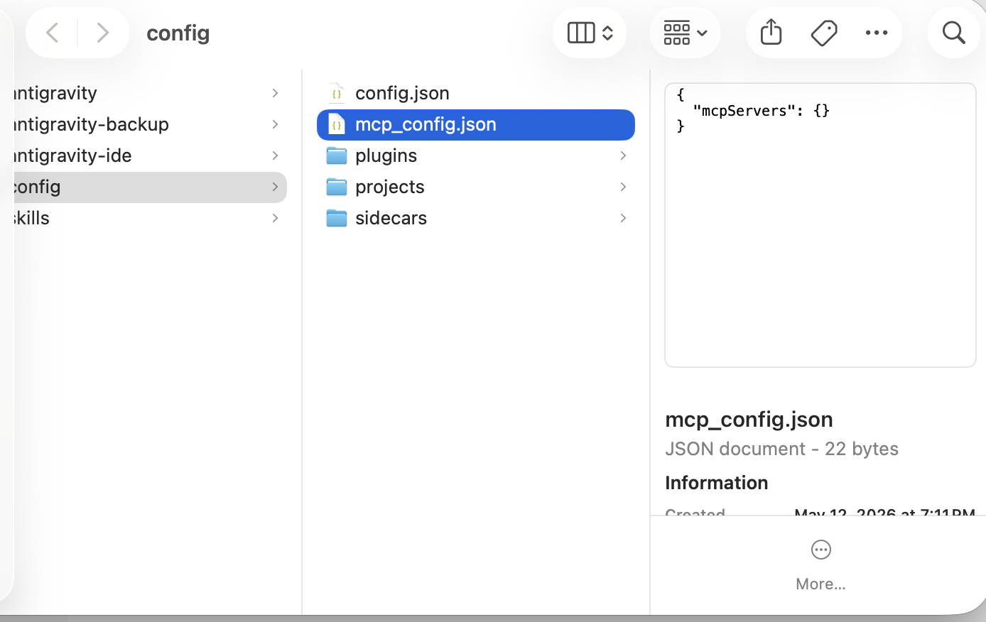 The Antigravity config folder containing mcp_config.json