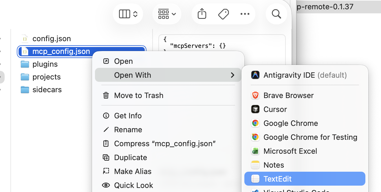 Opening mcp_config.json with TextEdit from Finder