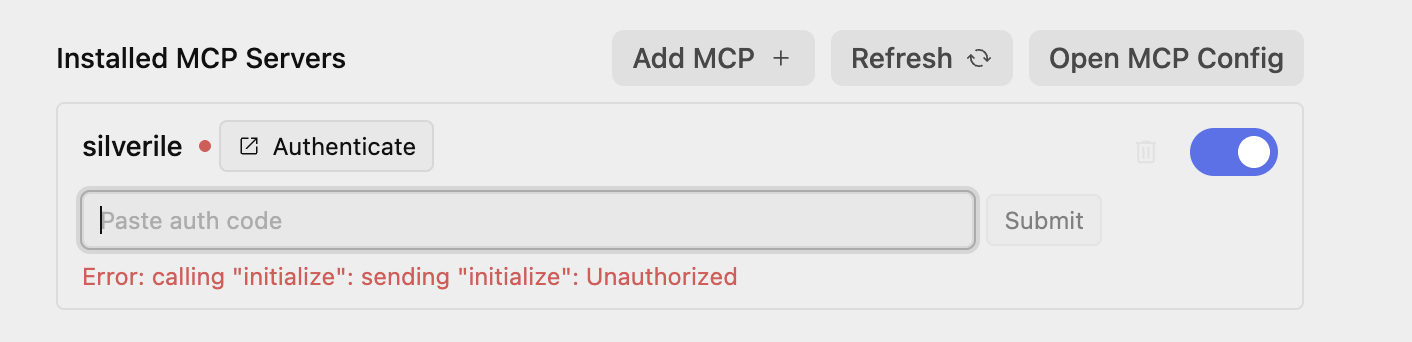 Antigravity Silverile server showing the Paste auth code field and Submit button