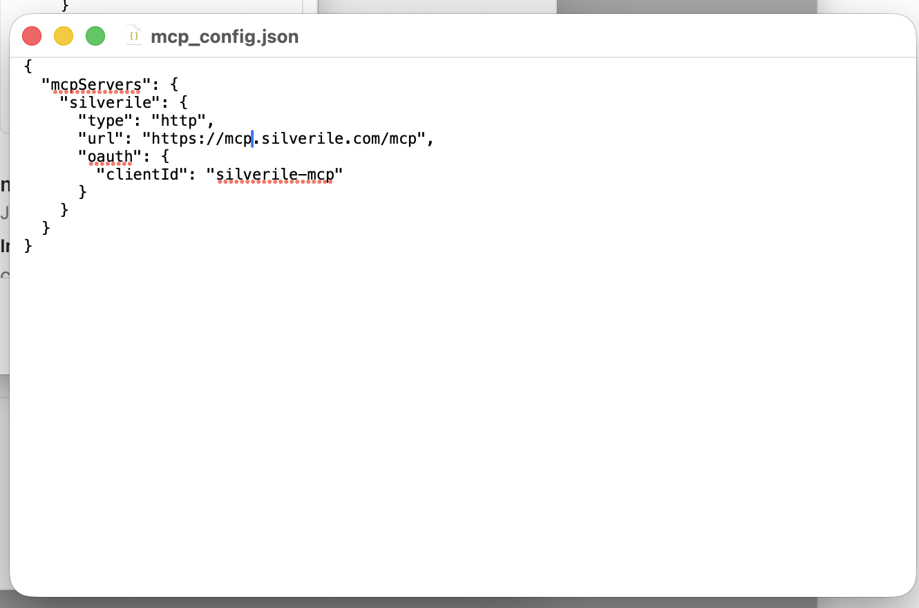 mcp_config.json containing the Silverile HTTP MCP server configuration