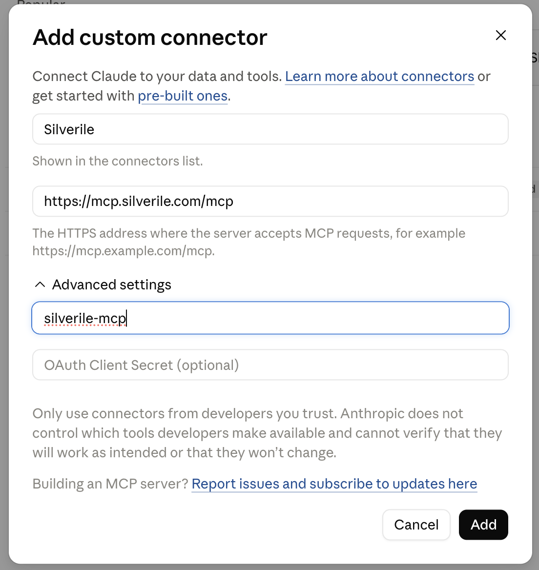 Claude Add custom connector dialog filled with the Silverile server URL and OAuth Client ID