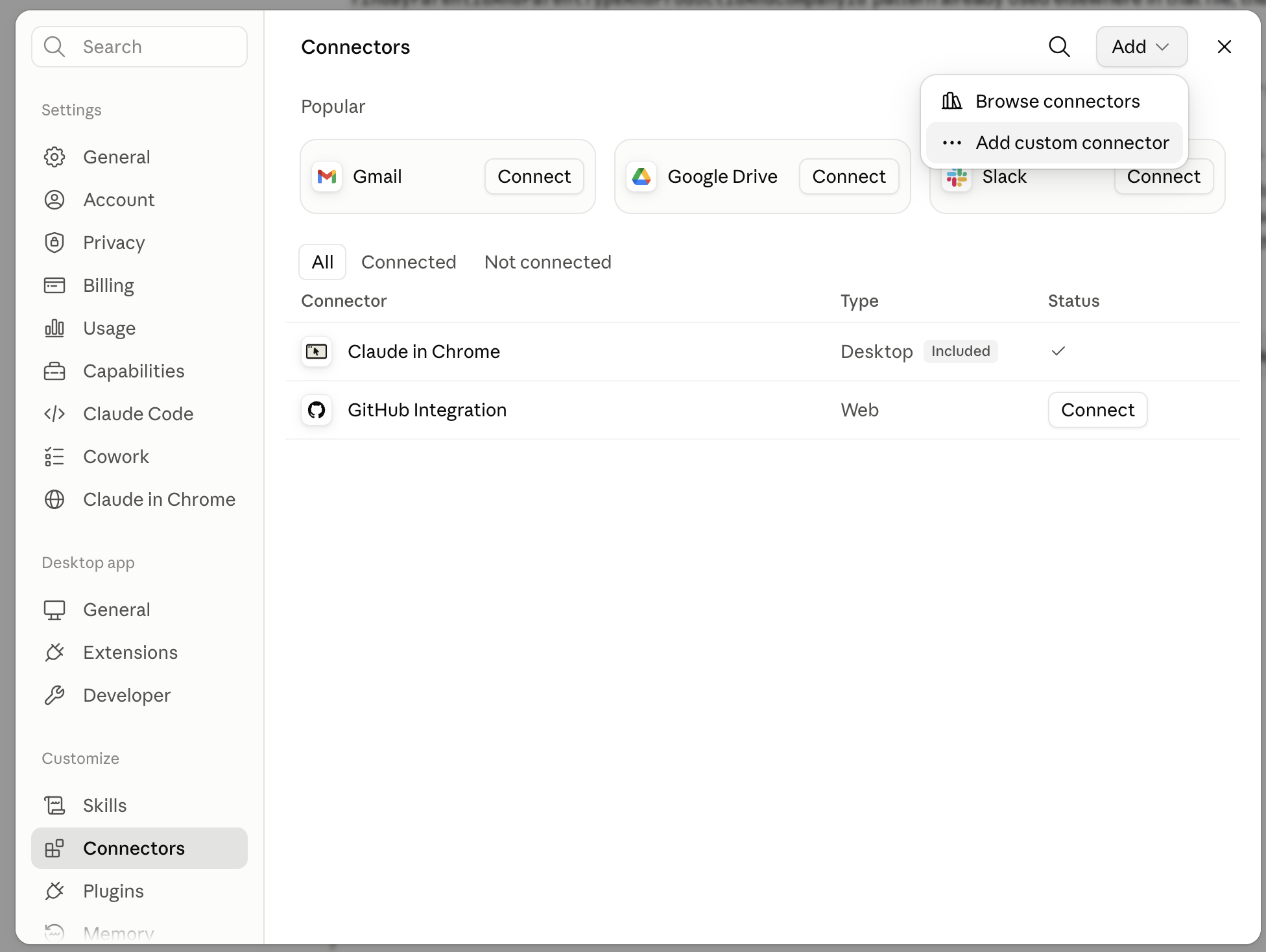 Claude Connectors settings page with the Add custom connector option open