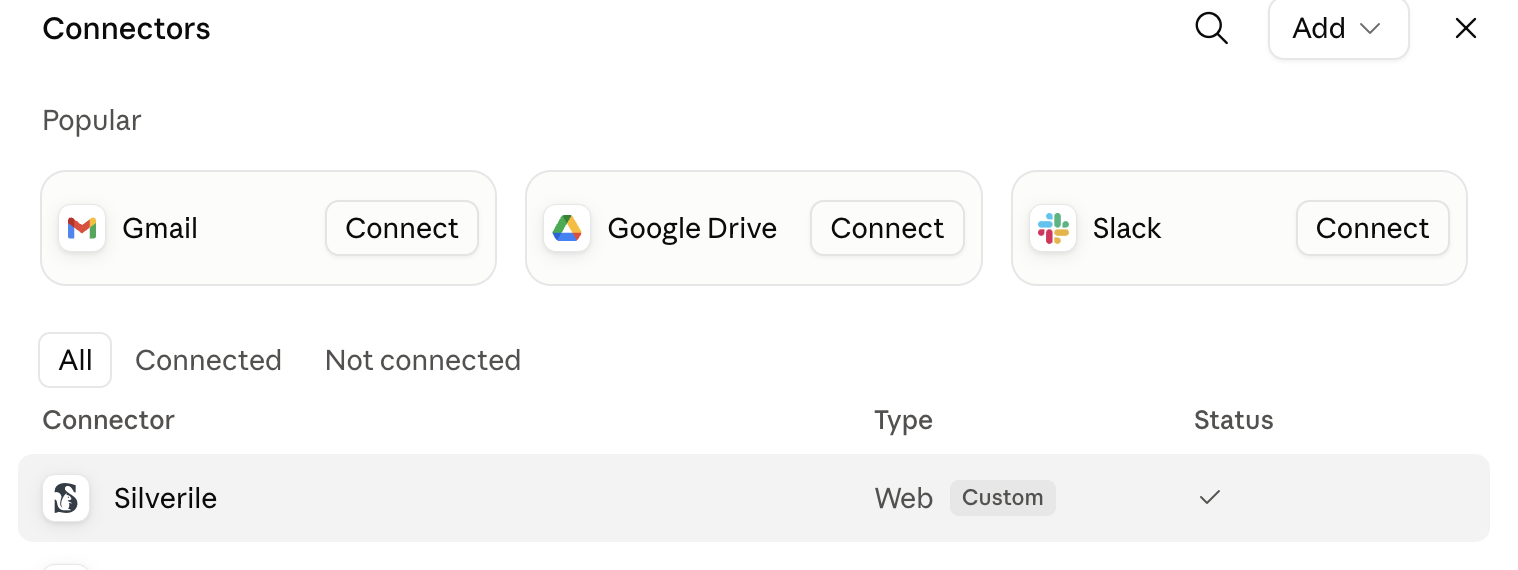 Silverile custom connector in Claude showing a connected status check mark