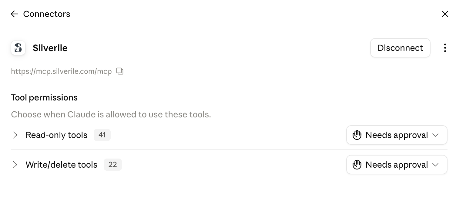 Silverile connector details showing Disconnect and tool permissions