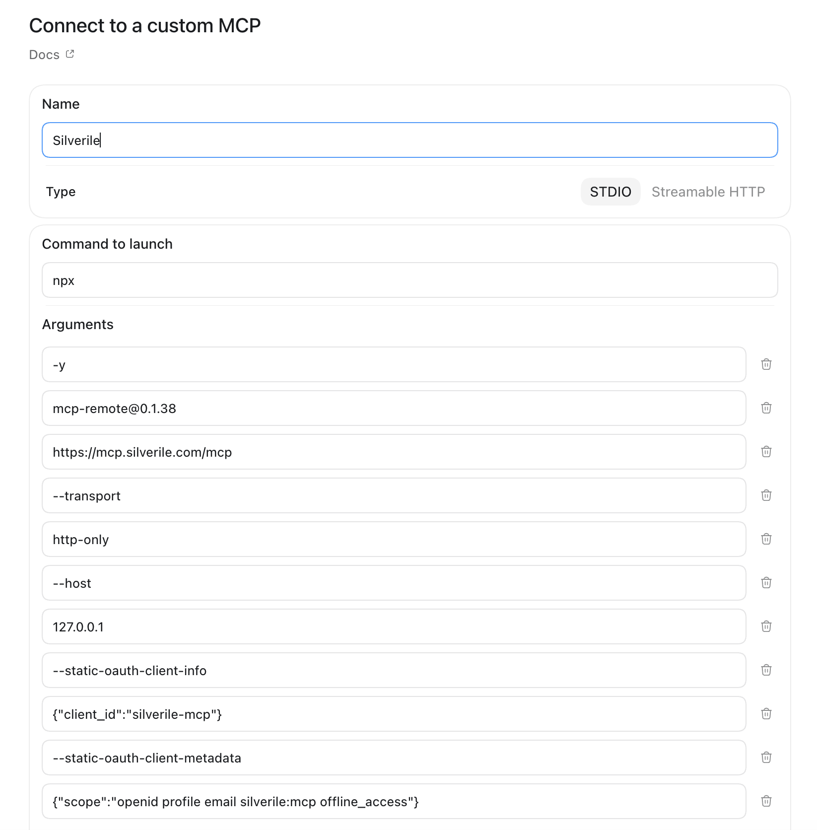 Codex MCP server setup showing the Silverile name, STDIO type, npx command, and required arguments