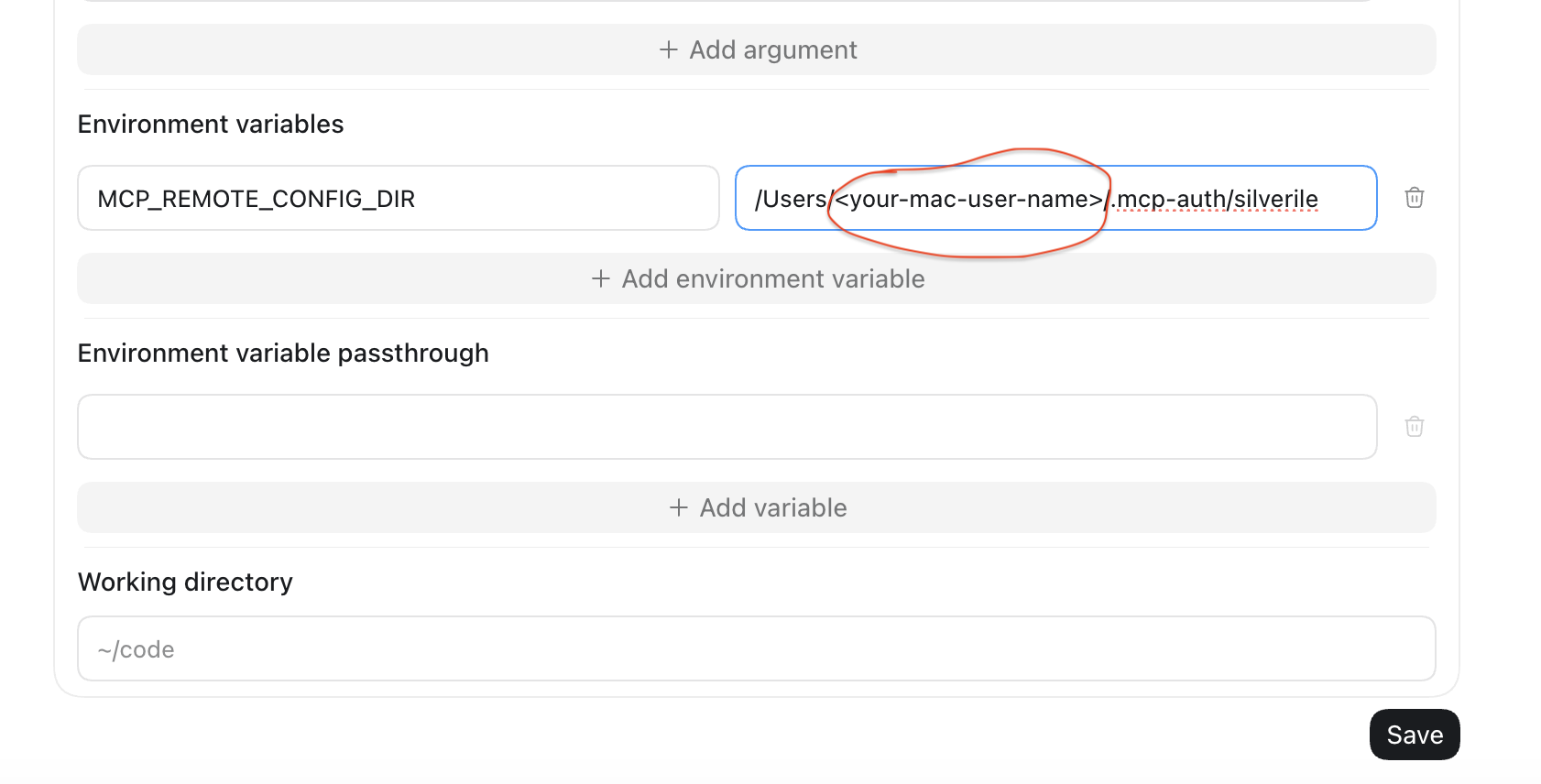 Codex MCP environment variable MCP_REMOTE_CONFIG_DIR set to the Silverile authentication cache directory