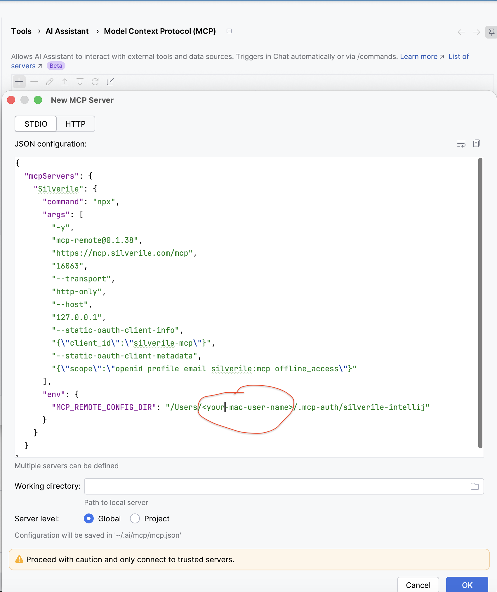 IntelliJ AI Assistant Model Context Protocol settings showing the Silverile STDIO npx configuration