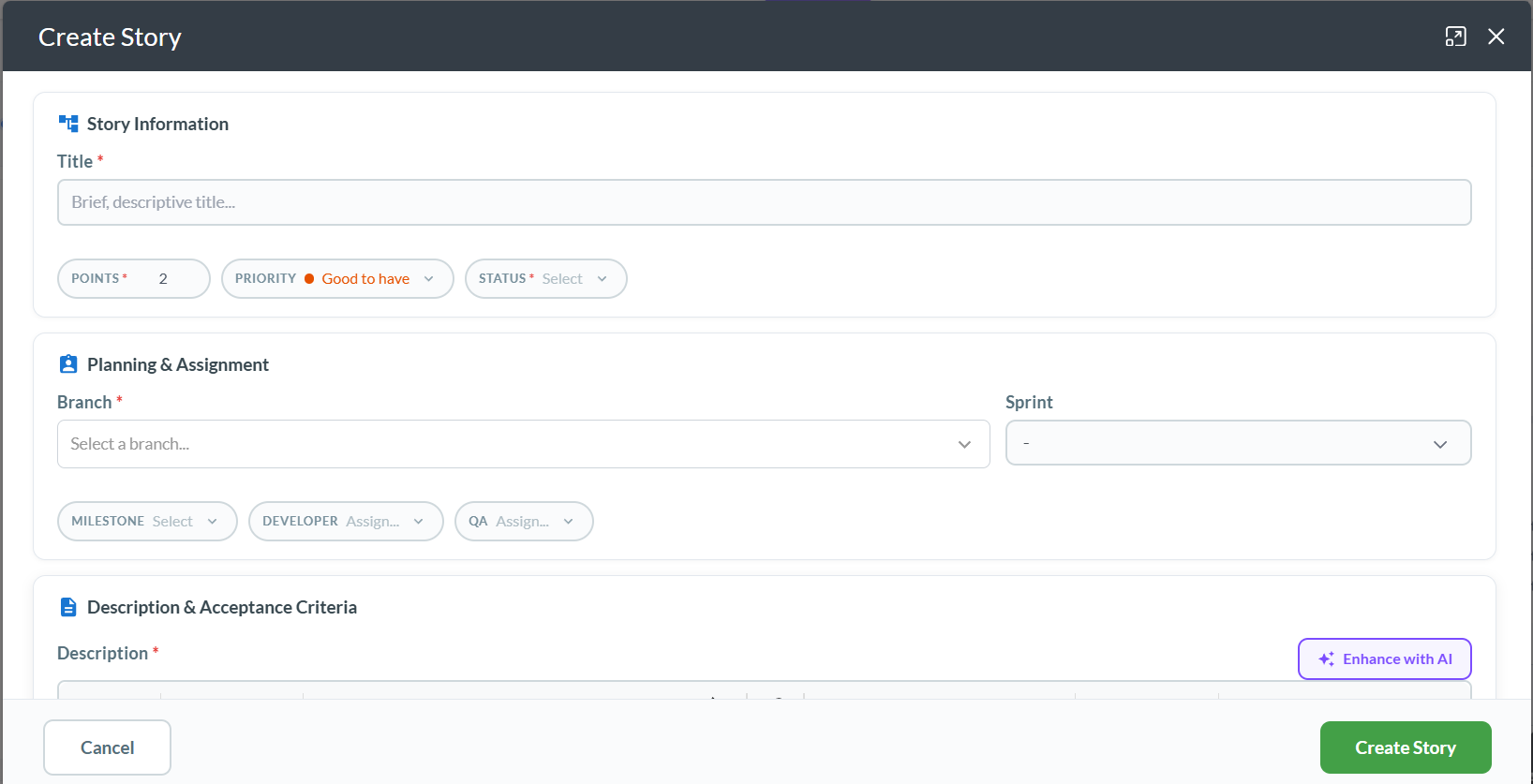 Create Story wizard