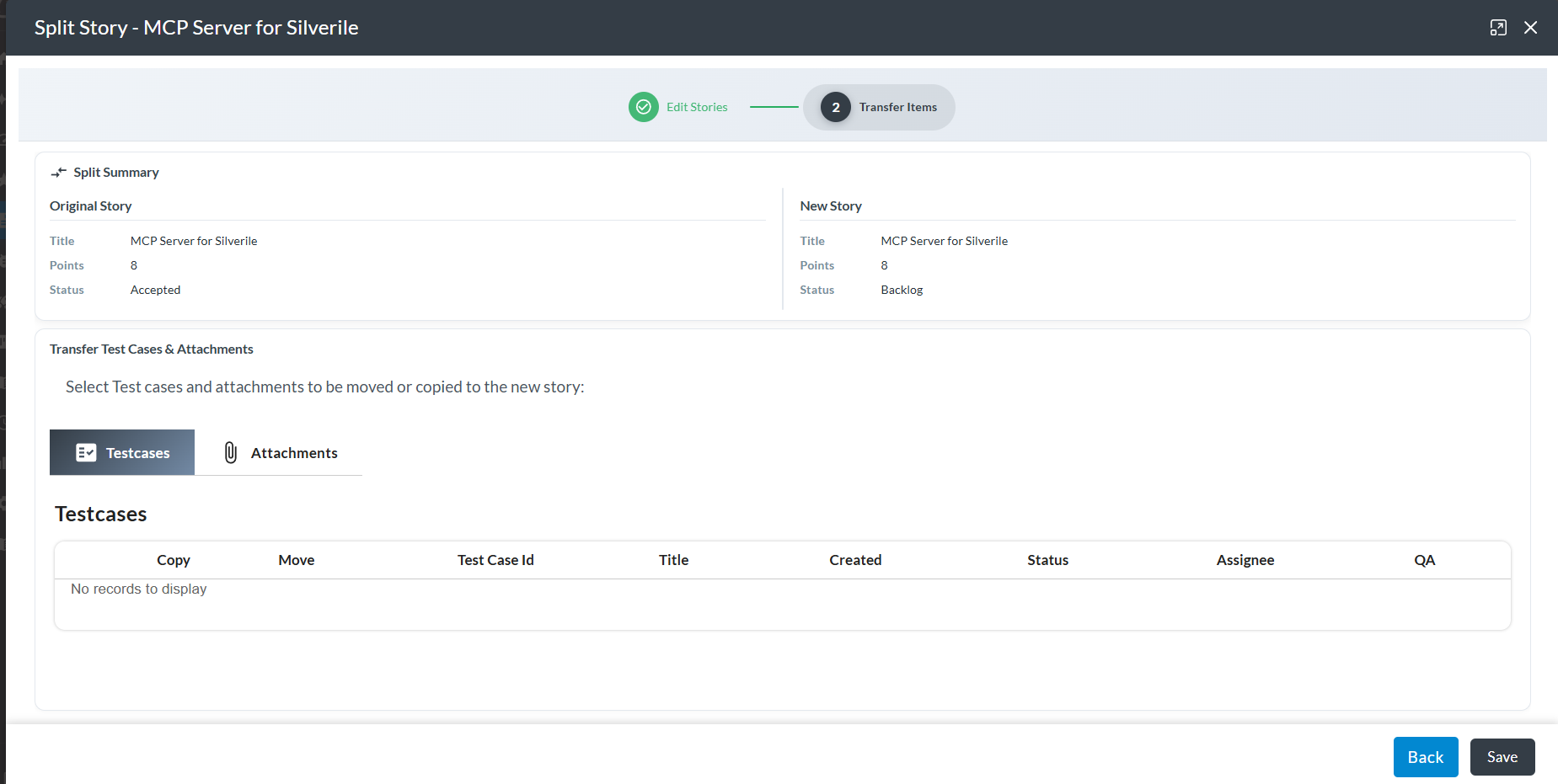 Split Story test cases and attachments step