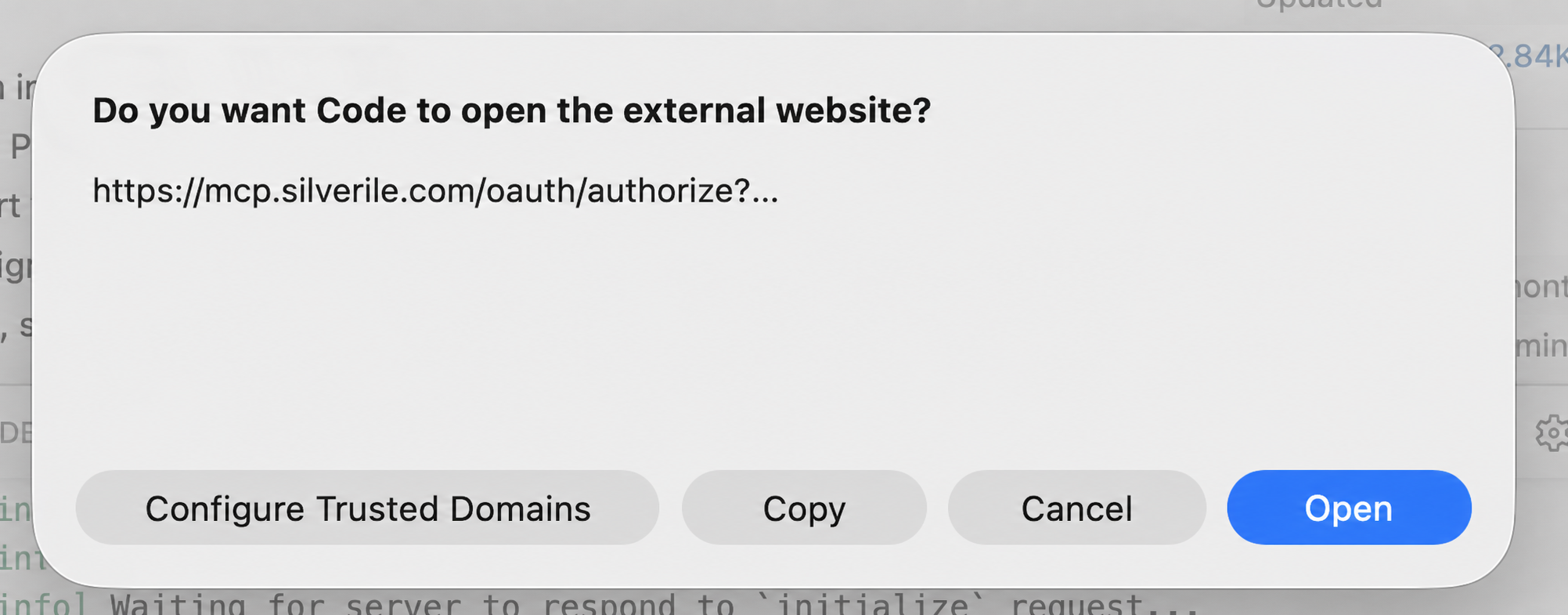 VS Code external website confirmation with the authorization URL redacted