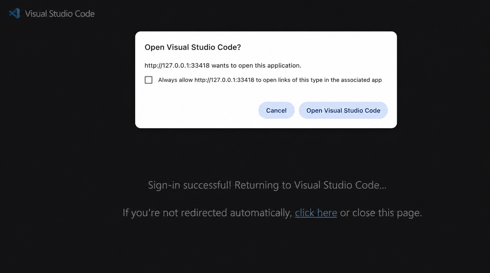 Browser asking to return the successful sign-in to Visual Studio Code